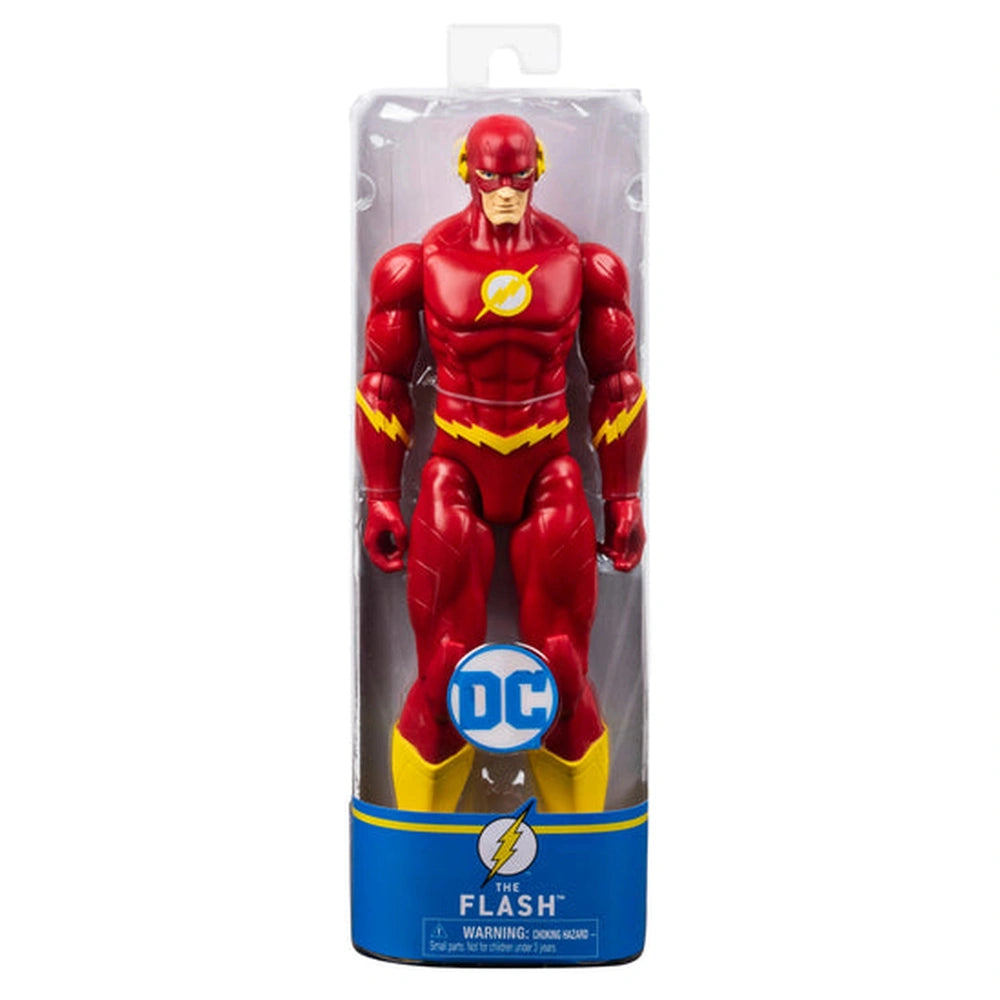 The Flash action figure stands upright in a plastic package, showcasing vibrant red and yellow colors with a glossy finish.