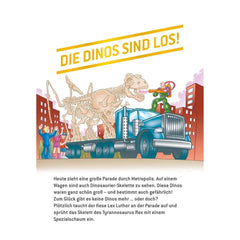 DC Superheroes book with a blue truck carrying a white dinosaur skeleton and skull against a stylized cityscape background.