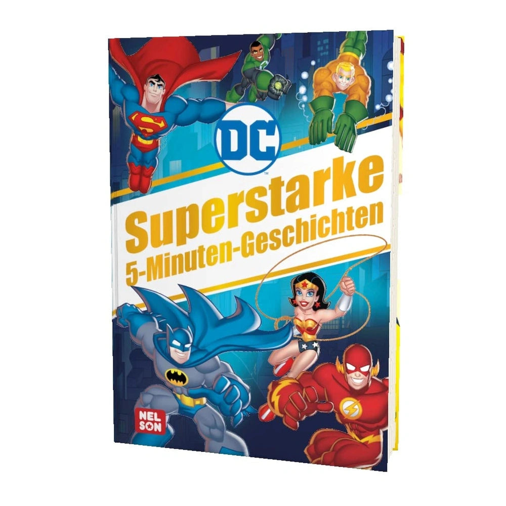 DC Superheroes Super Strong 5 Minute Stories book packaging features five colorful characters on a yellow cardboard backgroun