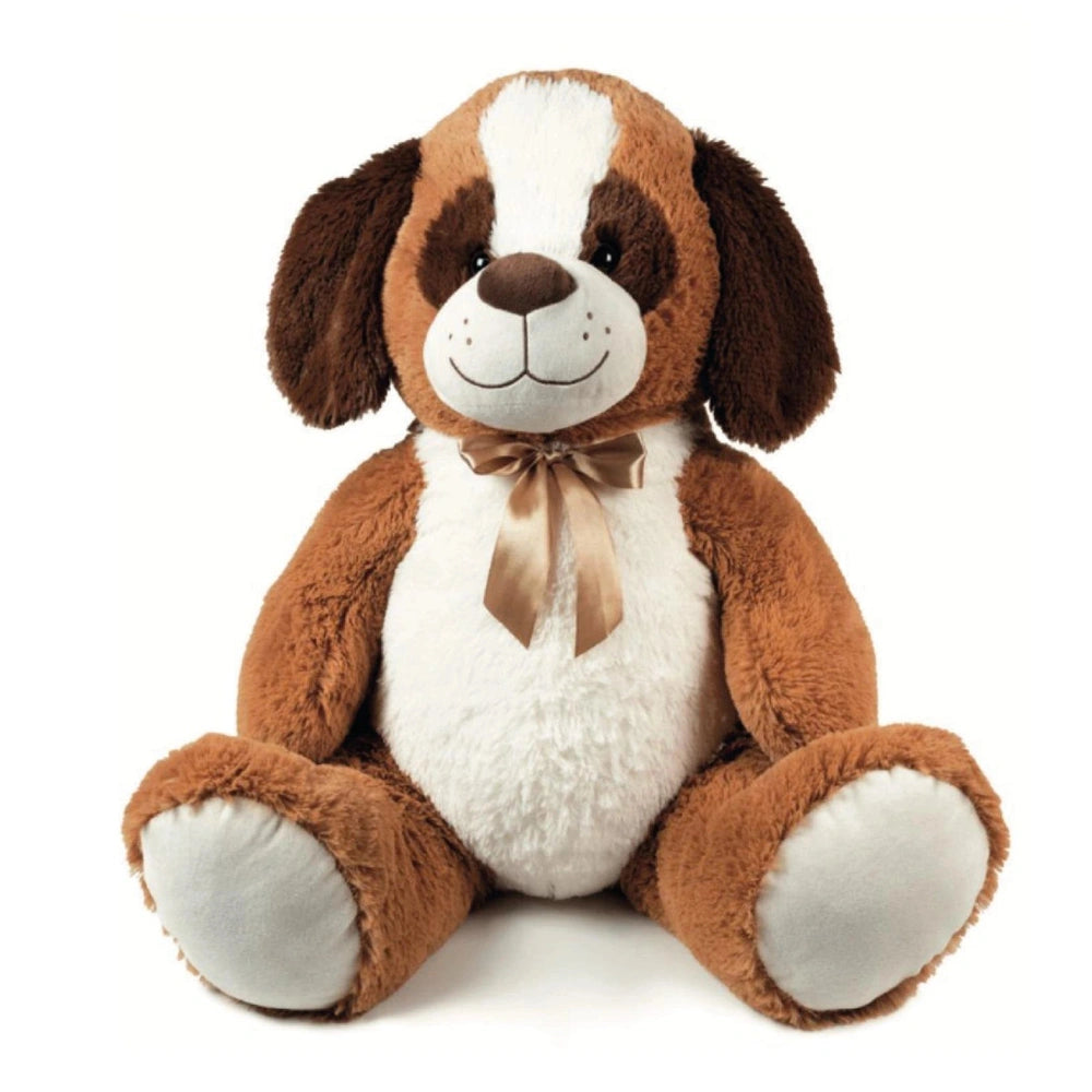 Maxi Sitting Dog Plush 55 cm with brown and white fur, black eyes, stitched mouth, and shiny brown bow tie.