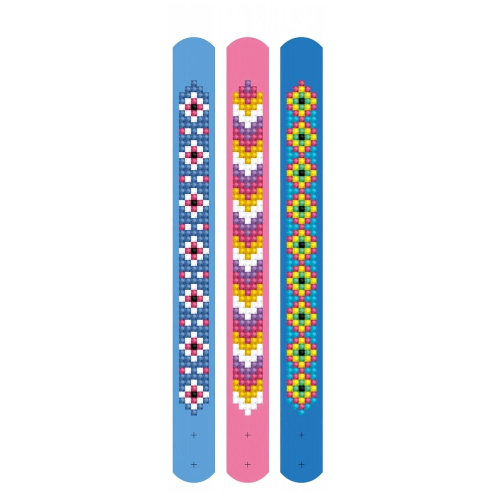 DIAMOND DOTZ Daisies DOTZIES Bracelets with glossy finish, featuring blue, pink, and yellow color patterns side by side.