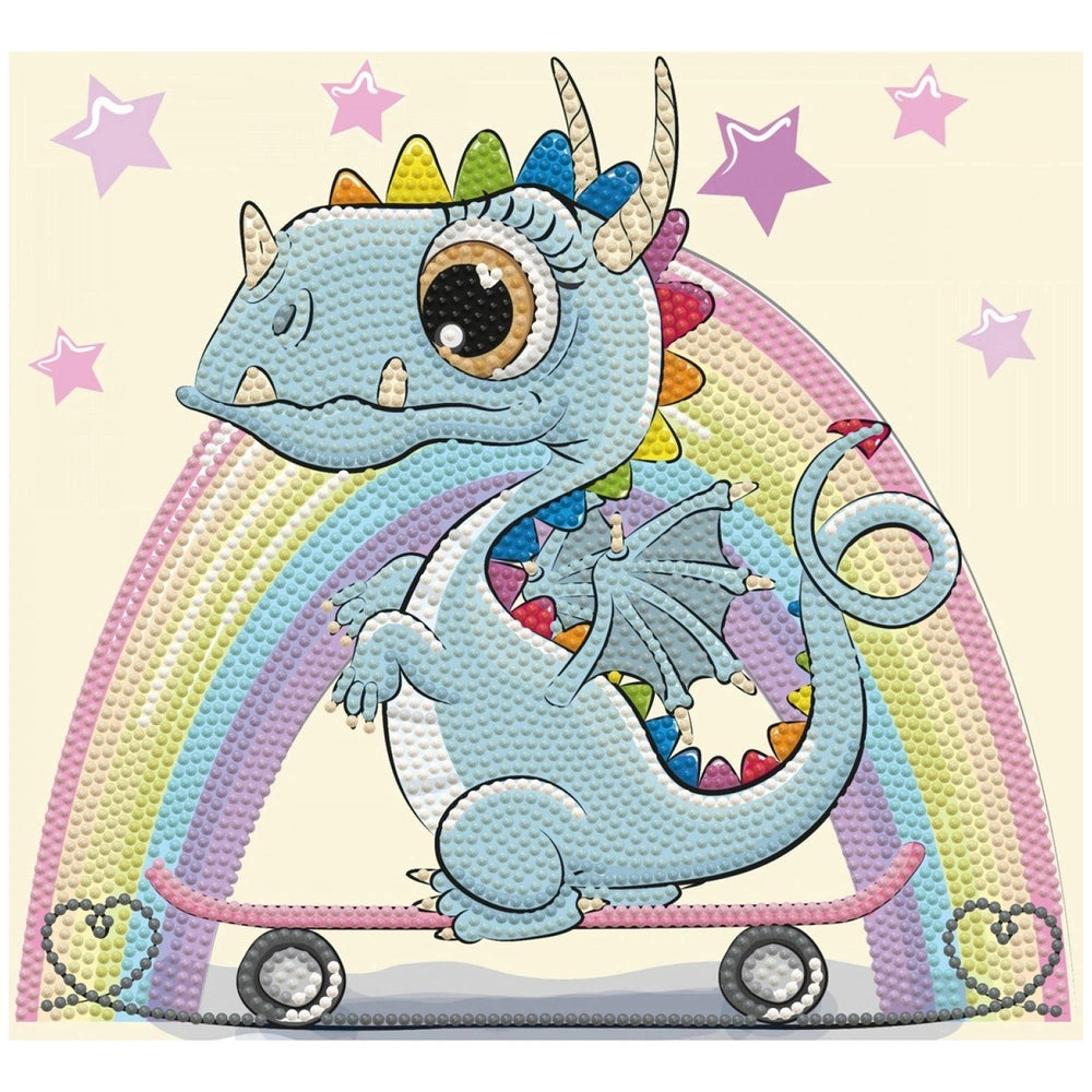 DIAMOND DOTZ Dotzies Dragon Skate diamond painting features a colorful dragon on a rainbow background with textured surfaces.