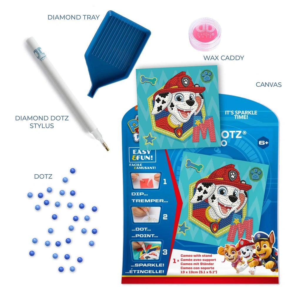 DIAMOND DOTZ Dotzies Paw Patrol Marshall diamond painting kit featuring colorful plastic stylus and vibrant packaging design.