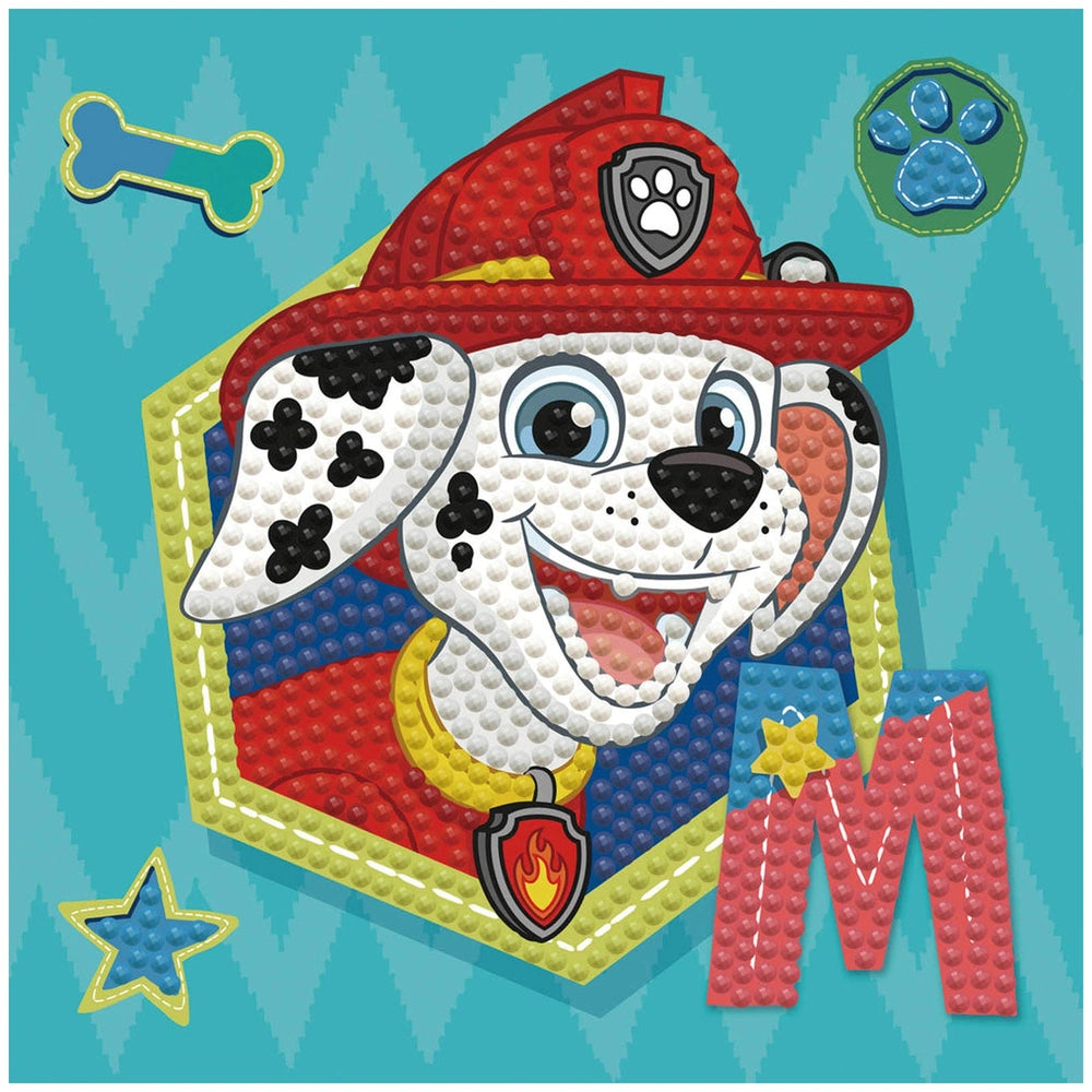 Diamond Dotz Dotzies Paw Patrol Marshall features a textured Dalmatian figure with red hat, yellow collar, and colorful badge