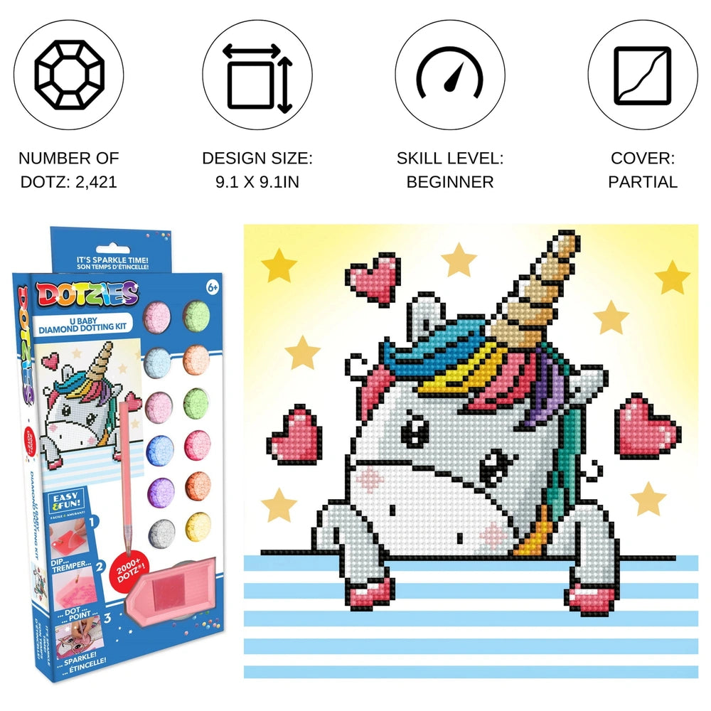 DIAMOND DOTZ - DOTZIES U Baby Diamond Painting kit with unicorn, stickers, and instruction manual on a blue background.