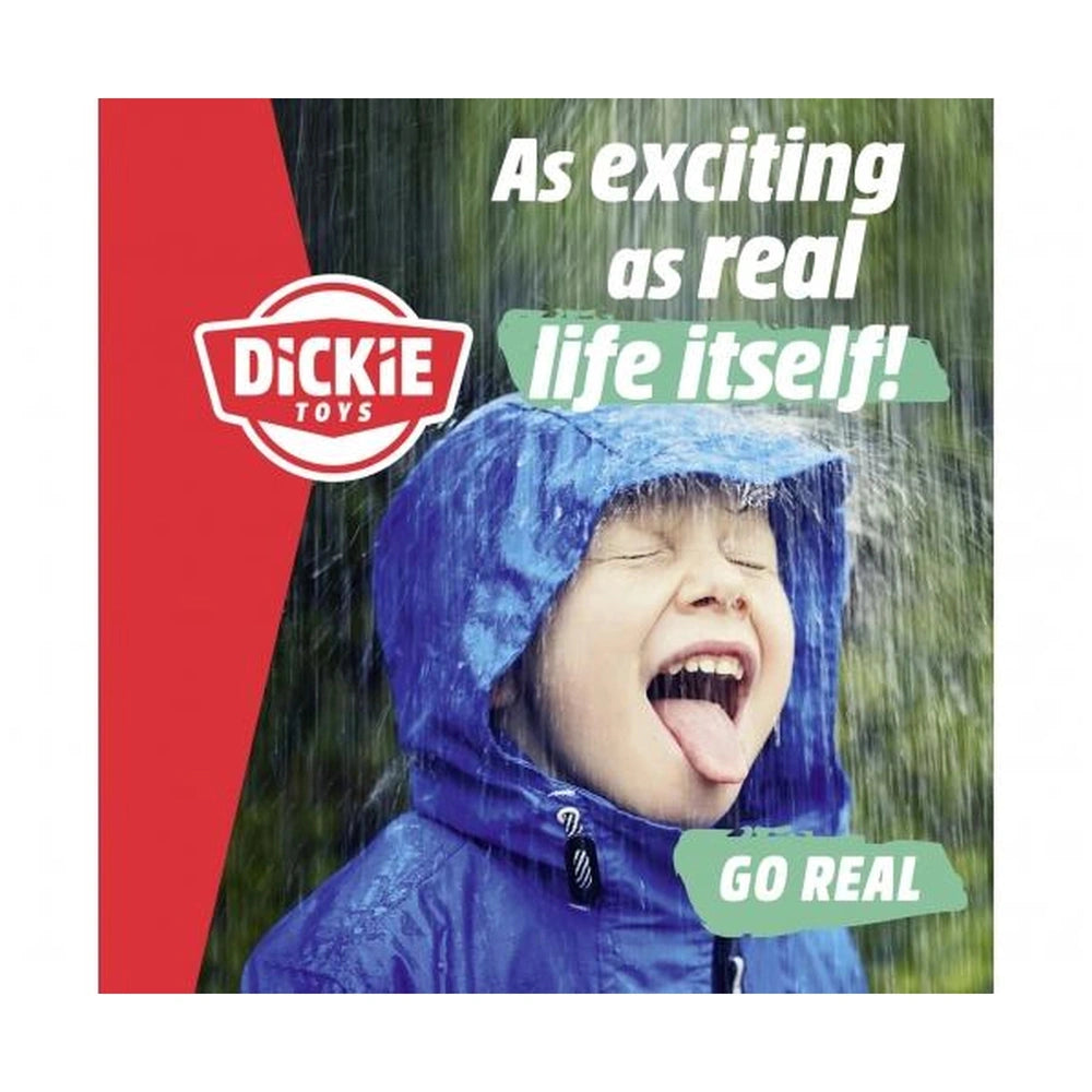 Dickie 3 In 1 Micro Rescue Truck play vehicle with a child in a bright blue raincoat against a rainy, green backdrop.