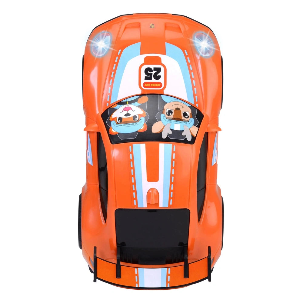 Dickie Abc Remote Controlled Icc Porsche 911 Gt3 toy car in orange with a glossy finish and a contrasting blue roof.