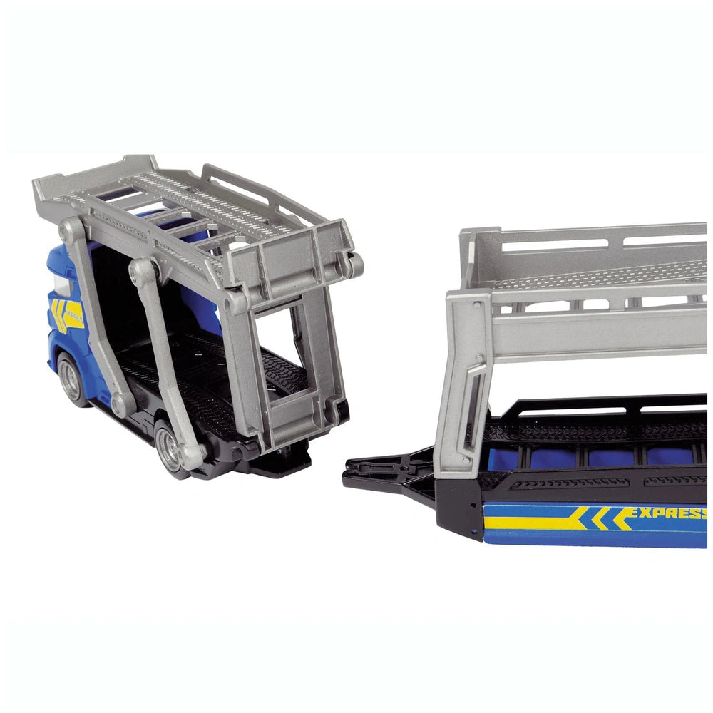 Dickie car carrier toy in gray with a blue front, black wheels, and yellow "EXPRESS" text on the side.