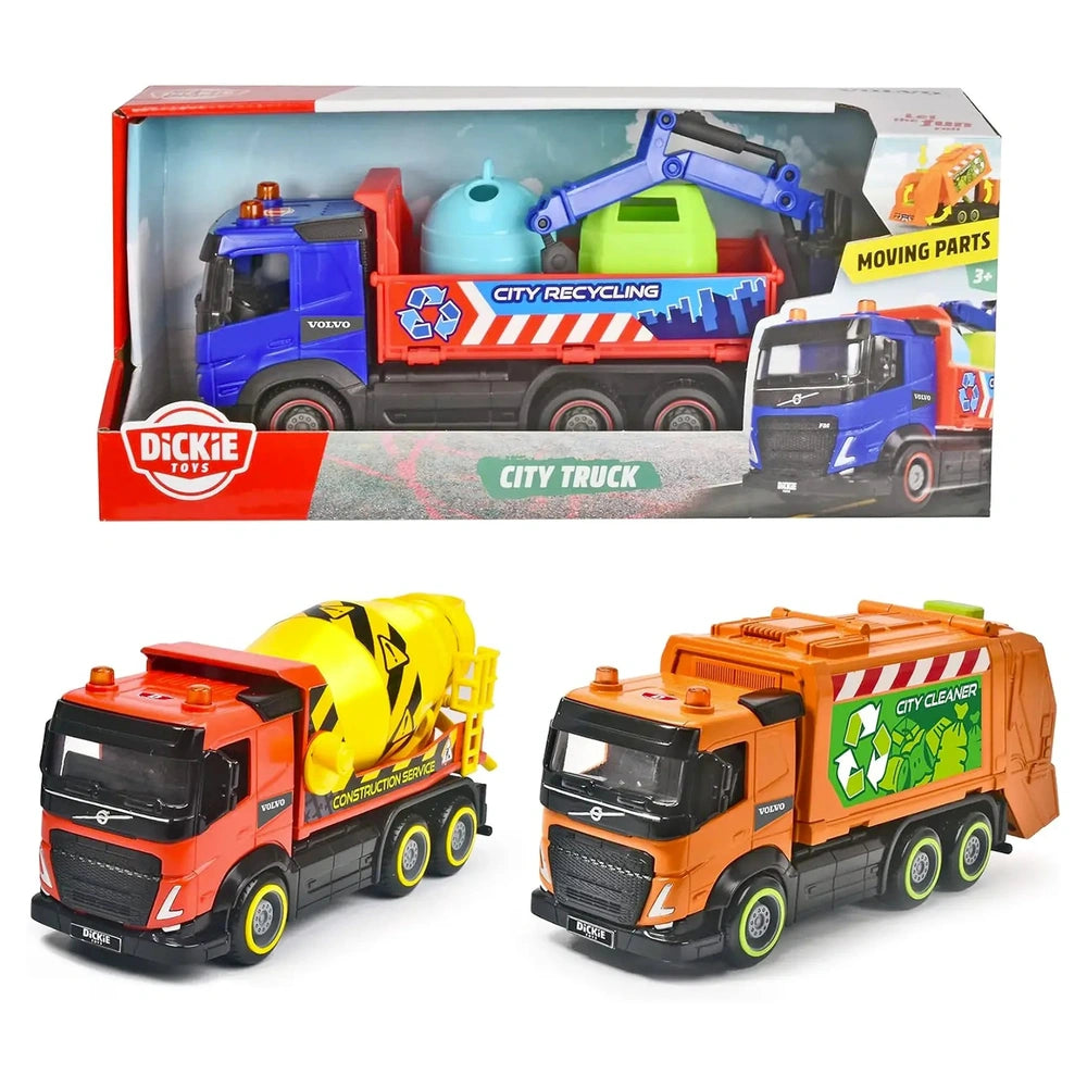 Dickie Toys City Truck in orange and black with blue cab, yellow barrel, green trash can, and recycling symbols on packaging.