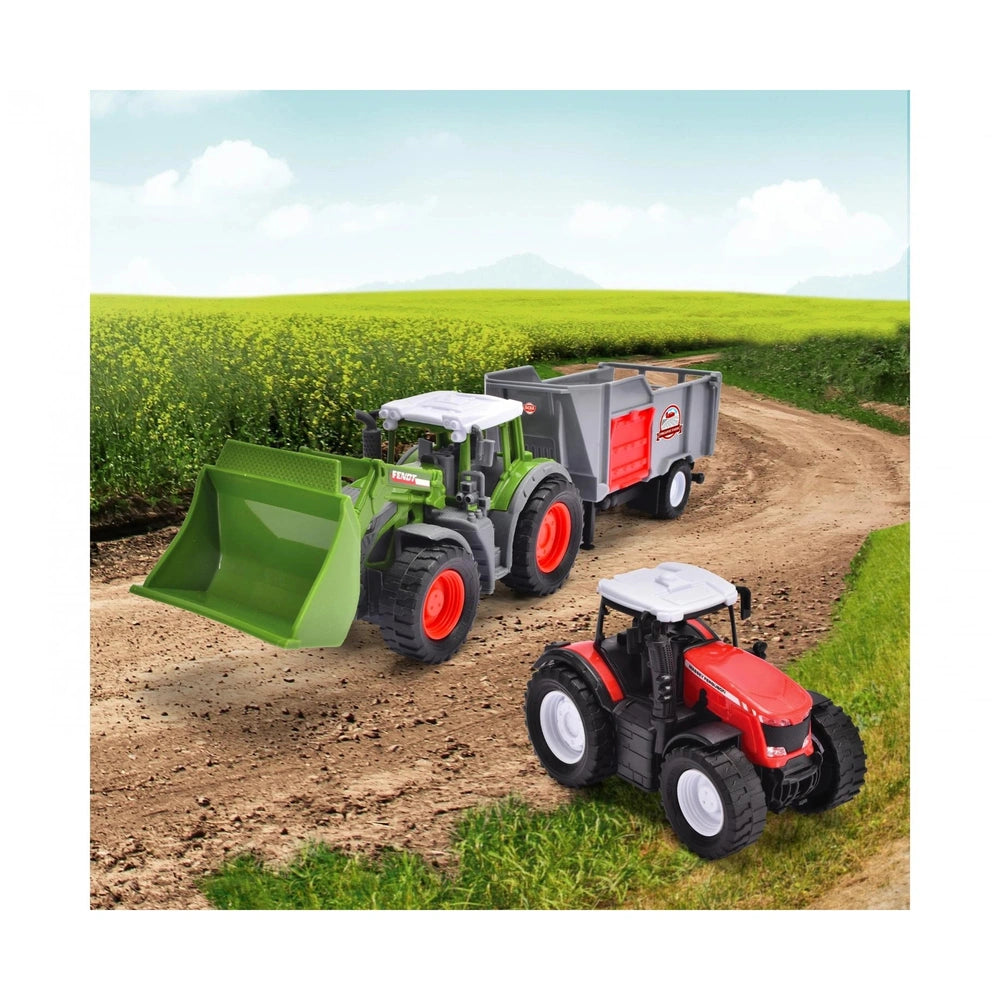 Dickie Farm-Set-Play-Vehicles features a green tractor with a red front, black tires, and multiple black components.