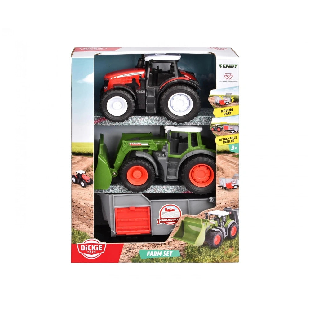 Dickie Farm-Set-Play-Vehicles packaging features a red and black toy tractor with green bucket, glossy cardboard, and colorfu