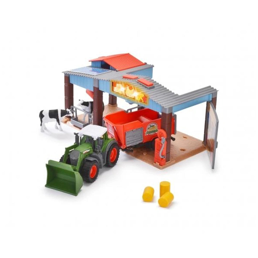 Dickie Farm Station playset features a green tractor, orange roof, red bucket, and various colorful plastic construction comp