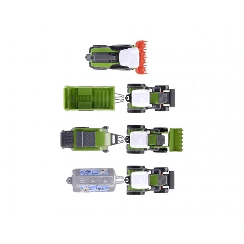 Fendt Micro Team play vehicles in green, white, black, red, gray, and clear plastic, arranged in a front view layout.