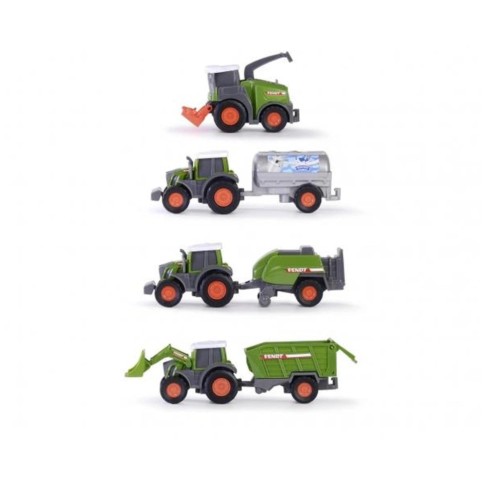 Dickie Fendt Micro Team Play Vehicles featuring a green toy tractor with orange wheels and a silver toy truck with a tanker a