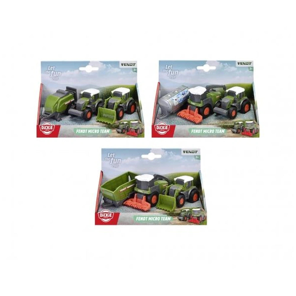 Dickie Fendt Micro Team Play Vehicles packaging features a green and orange tractor with multiple red attachments visible thr