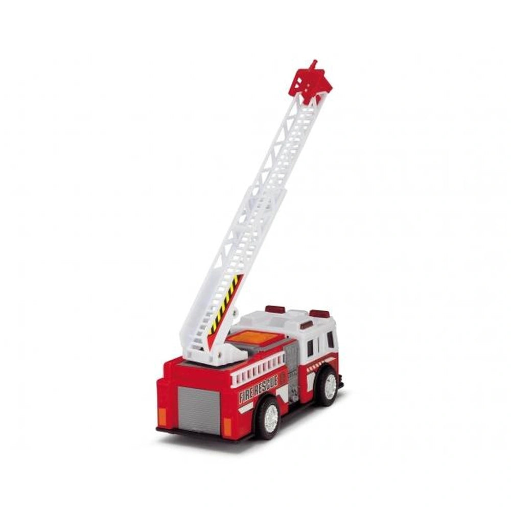 Dickie Fire Truck Play Vehicle features a red body, white ladder, orange roof, and black wheels with "FIRE RESCUE" text.