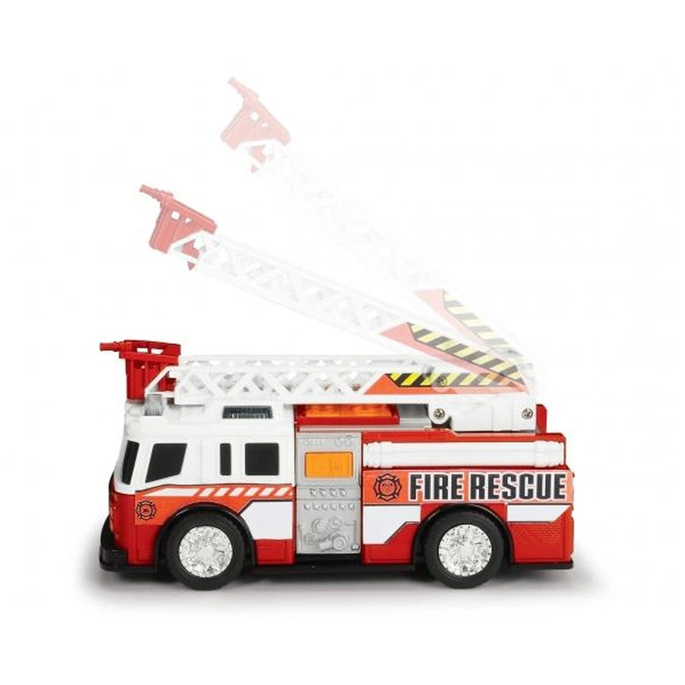 Dickie fire truck play vehicle in red and white plastic with clear windows and silver wheels, featuring a detailed white ladd
