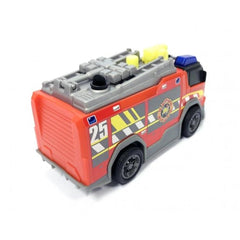 Dickie fire truck toy in red with yellow and black stripes, silver grill, ladder, light bar, and black wheels.