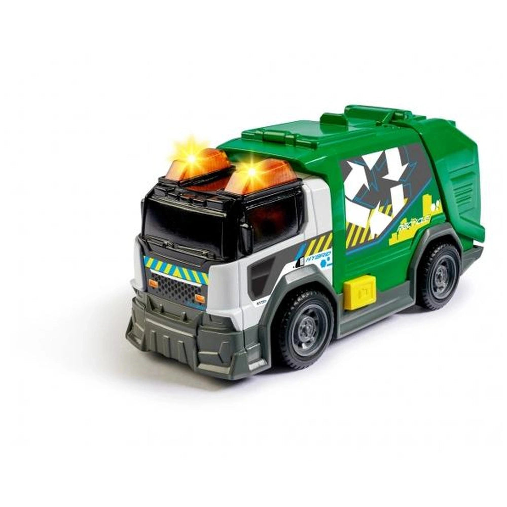 Dickie garbage truck toy in green and white plastic with orange lights, black wheels, and detailed cab and trailer design.