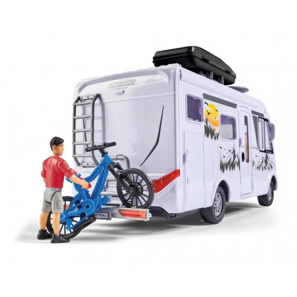Dickie Hymer Camper Pop Up Set features a white camper with a black roof and red stripe alongside a blue bicycle with black d