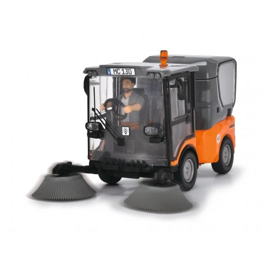 Dickie Kärcher street sweeper toy vehicle in matte plastic, featuring orange bumper, black wheels, and transparent windows.