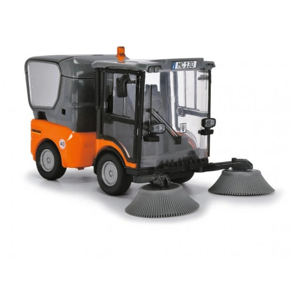 Dickie Kärcher street sweeper toy vehicle in orange and black with clear windshield and detailed front number plate area.