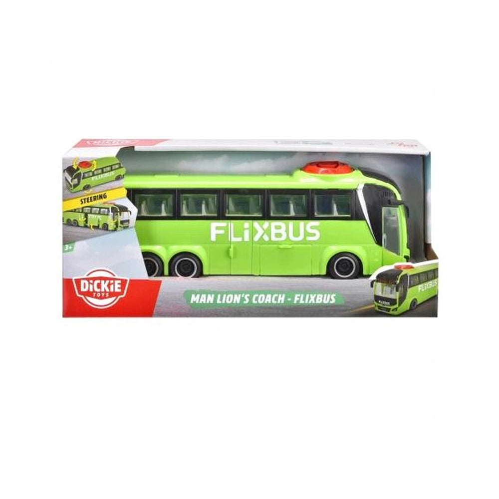 Dickie Man Lion's Coach Flixbus toy bus in green with a yellow steering wheel, displayed in red cardboard packaging.
