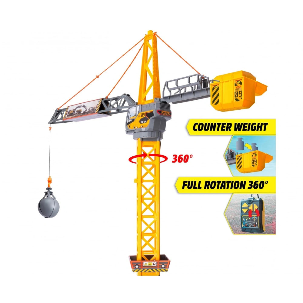 Mighty Crane play vehicle in yellow with counterweight, featuring "COUNTER WEIGHT" and "FULL ROTATION 360°" text.