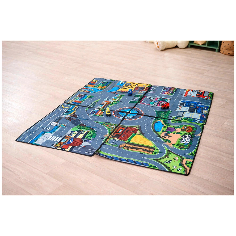 Dickie Playmat 80 x 70 cm features a colorful city scene with roads, vehicles, buildings, and various parks for imaginative p