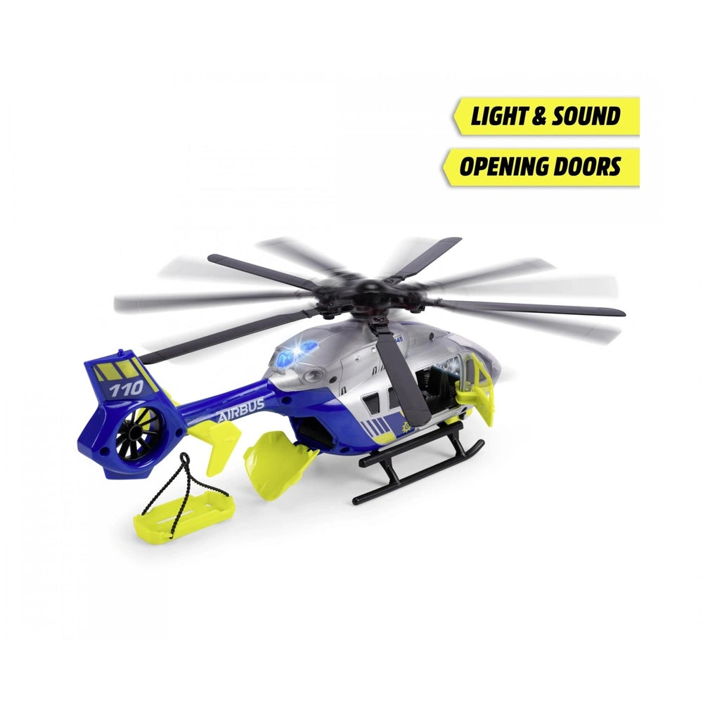 Dickie Police Helicopter play vehicle in blue plastic with black rotor blades and yellow landing gear, featuring "170" and "A