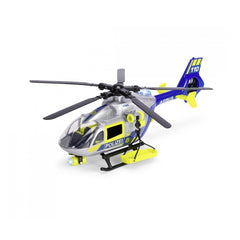 Dickie Police Helicopter Play Vehicle in blue and yellow with black rotor blades and clear windows, featuring white text.