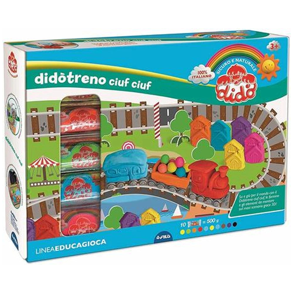 Didò Choo-Choo Train Modelling Dough Set featuring a colorful toy train, car, boat, house, and various accessories in retail 