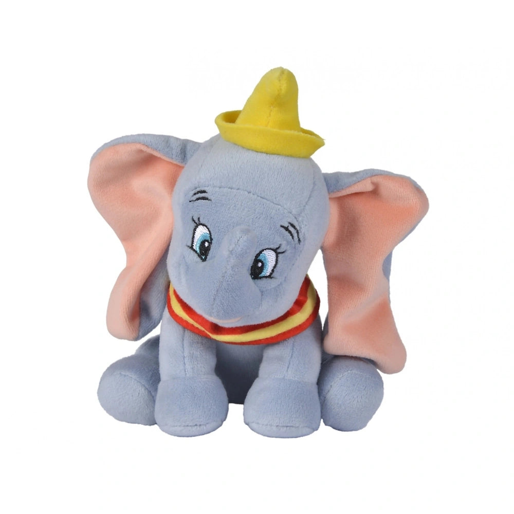 Gray plush elephant with pink inner ears and a bright yellow hat, made of soft fabric for cuddly comfort.