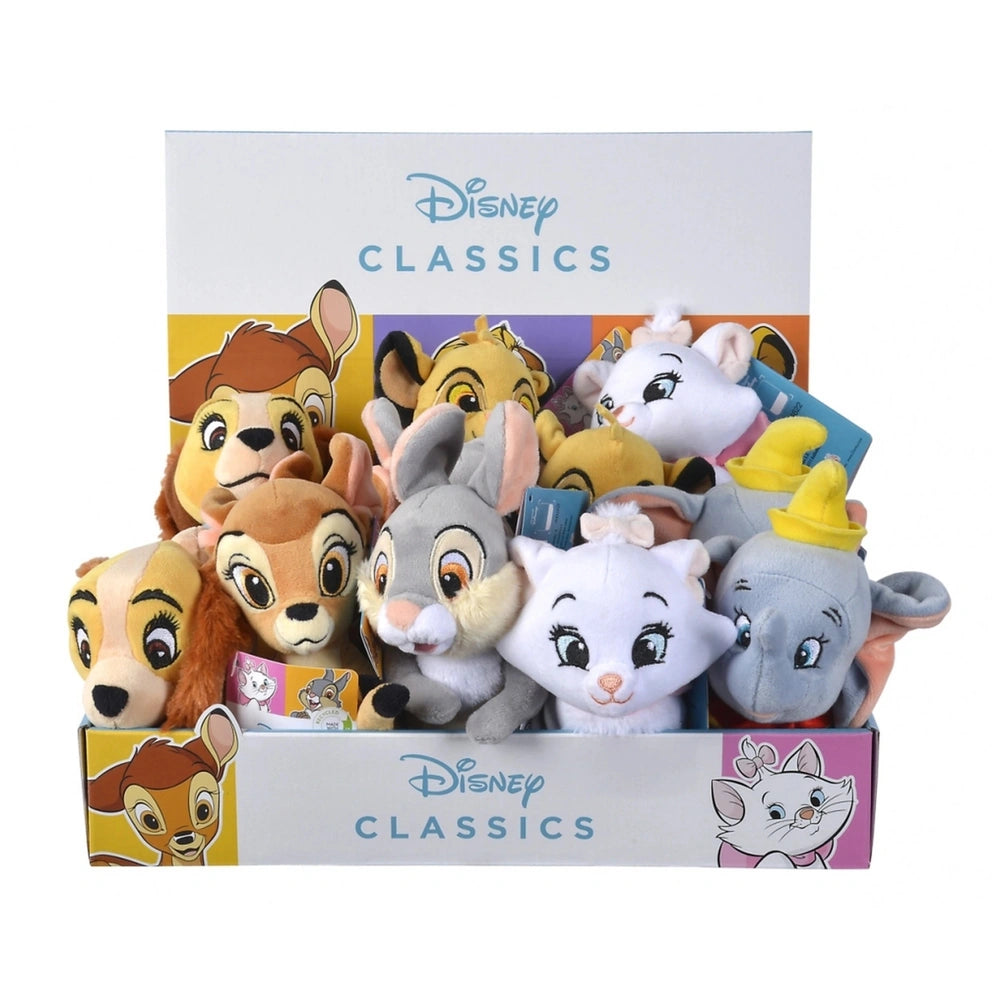 Disney Classic Plush Characters arranged in a themed box, showcasing various colorful stuffed animals from popular franchises