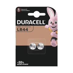 Duracell LR44 1.5V button cell batteries in black packaging with clear window, featuring "50% MORE POWER" label and bunny ico
