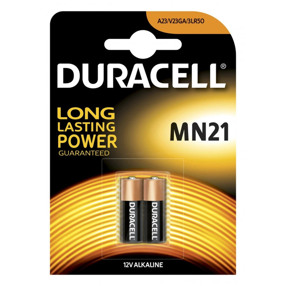 Duracell MN21 12V alkaline battery in glossy black packaging with white text promoting long-lasting power and guaranteed qual