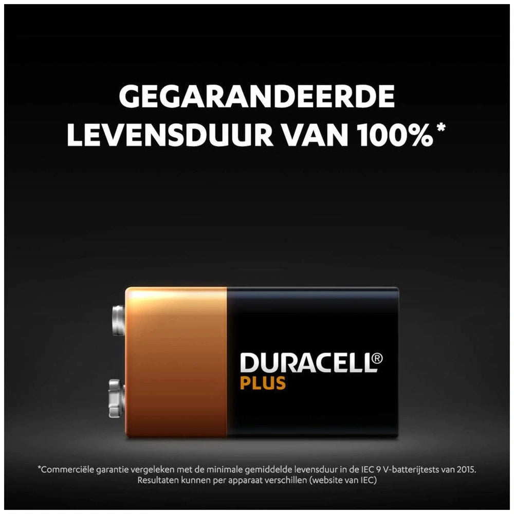 Duracell Plus 9V battery with black and orange design, metallic finish, logo, capacity indicator, and silver button.