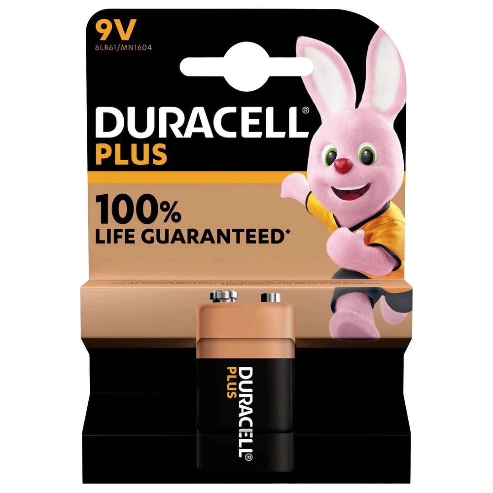 Duracell Plus 9V battery packaging features a pink bunny graphic, matte cardboard, and glossy plastic with warranty text.