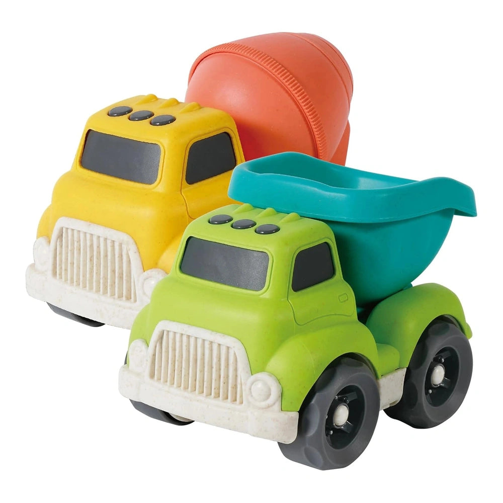 EcoMetropoli toy vehicles in yellow, red, and green, showcasing a smooth, glossy finish against a white background.