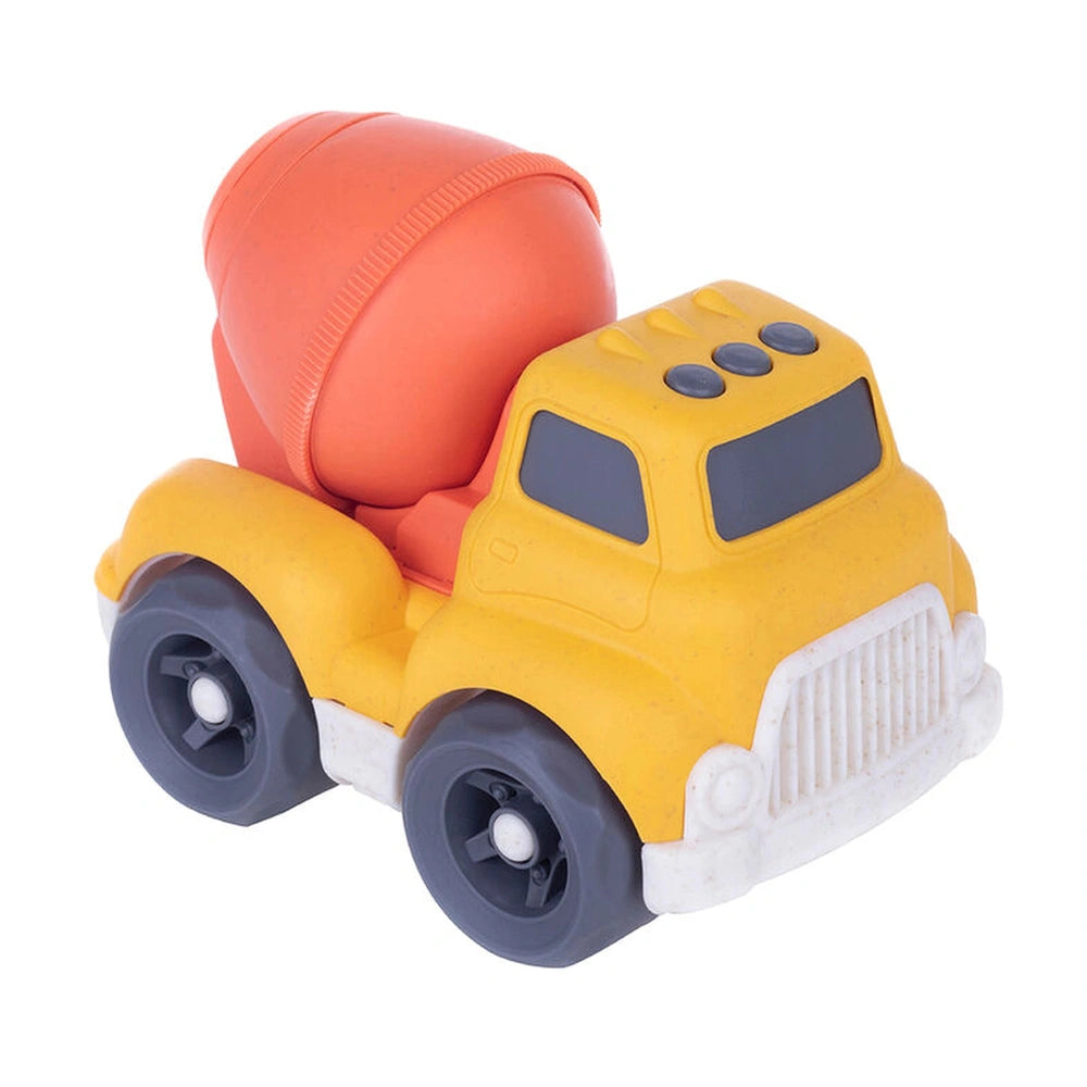 Sustainable wheat straw toy truck in orange and yellow with black rubber wheels, positioned with the bed facing upwards.