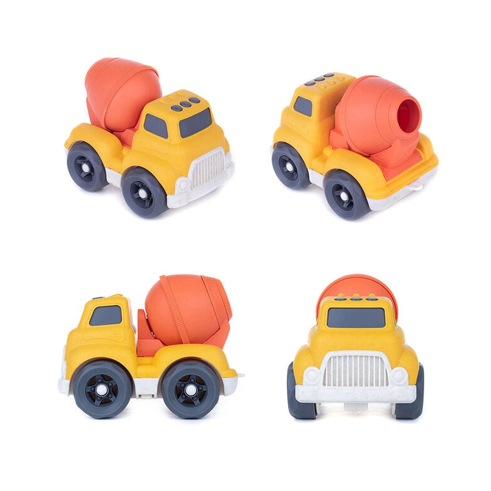EcoMetropoli sustainable toy vehicles in yellow and orange, featuring two dump trucks and two tractors with barrels.