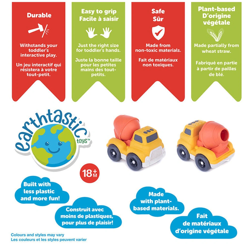 EcoMetropoli sustainable wheat straw city vehicles are colorful construction toys designed for children, displayed on a white