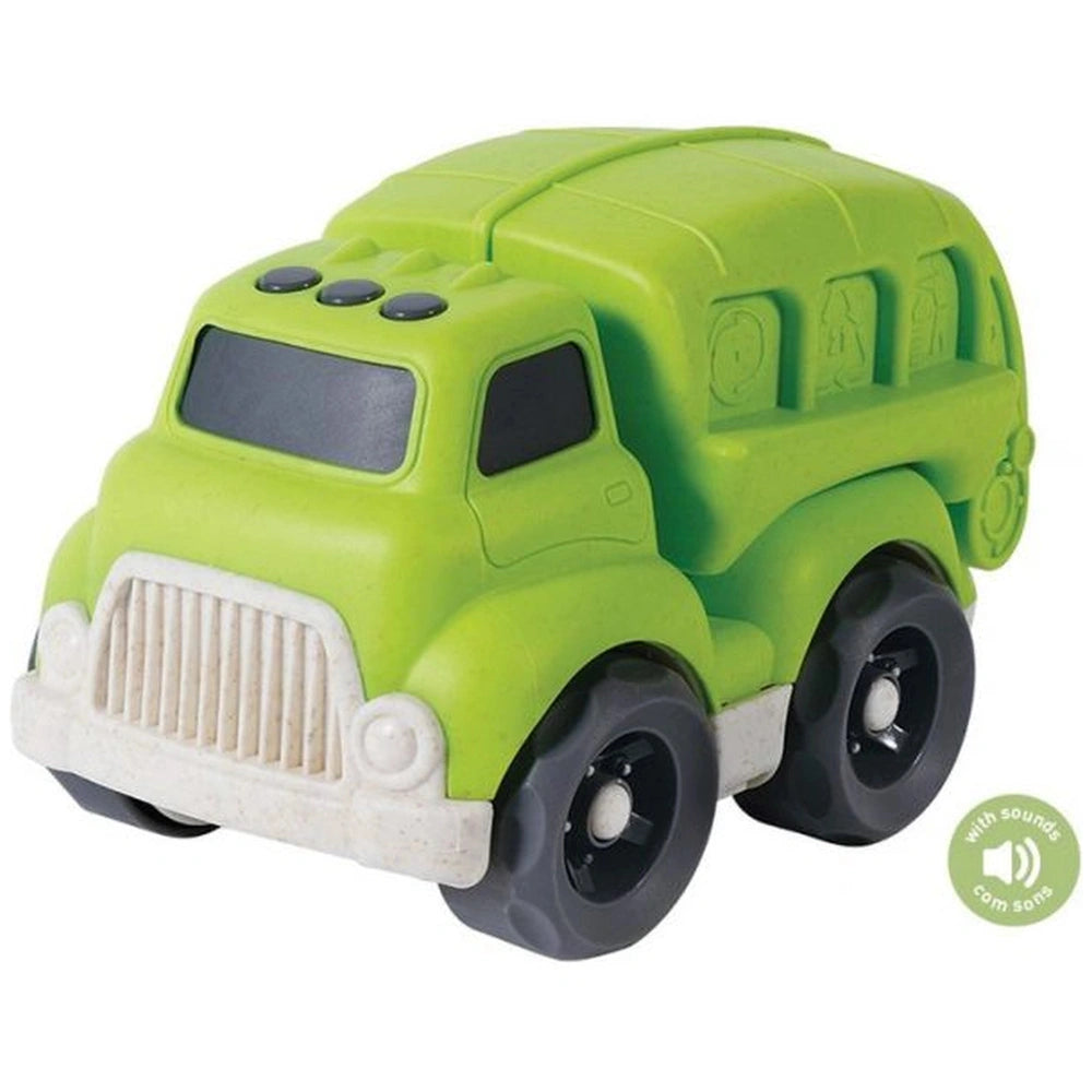 EcoMetropoli toy truck in green with black wheels, featuring a simplistic design against a plain white background.