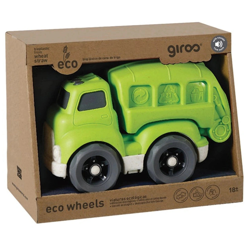 Sustainable green toy truck with black rubber wheels inside an open cardboard box labeled "eco wheels" and "giroo."