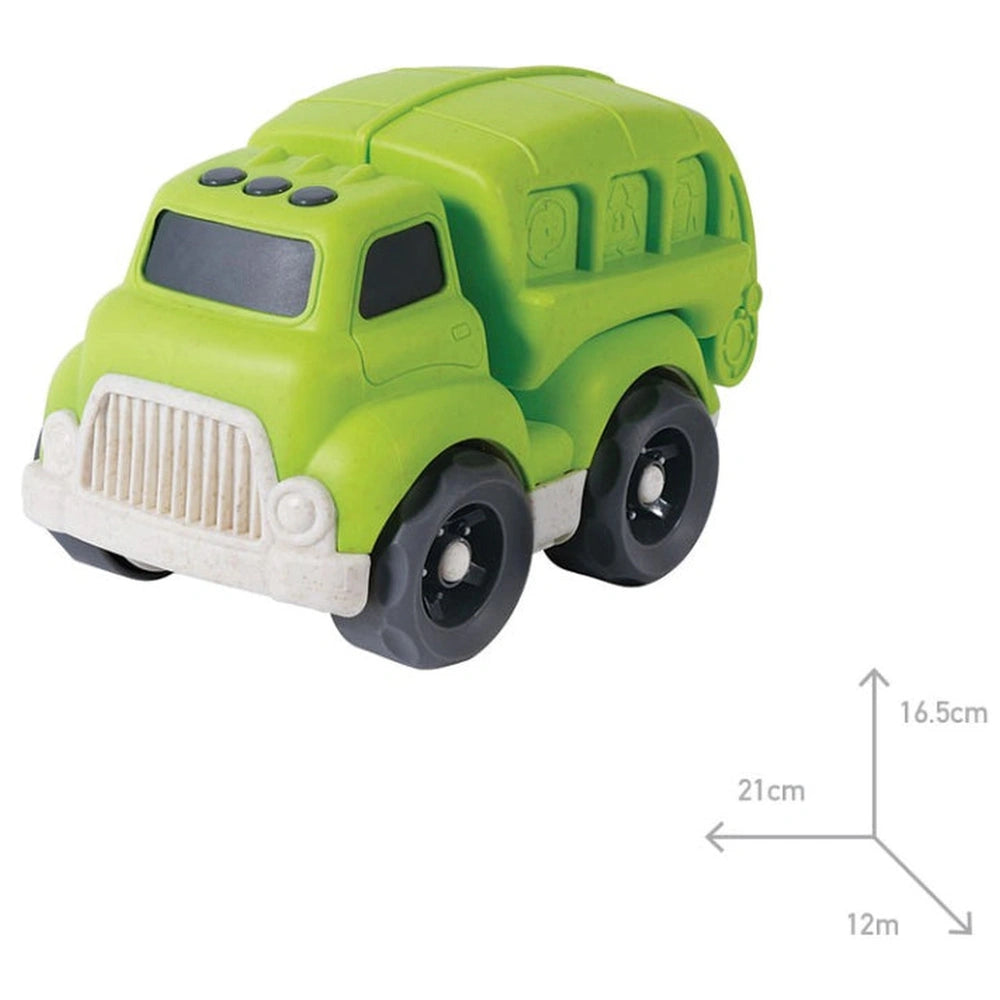 Green toy truck made from sustainable materials, featuring a matte finish and a glossy white front bumper against a white bac