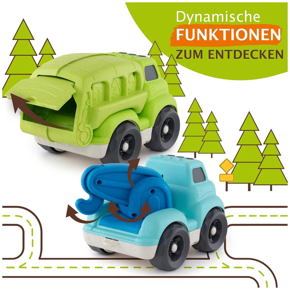 EcoMetropoli sustainable wheat straw toy vehicles include a green truck and blue car, highlighting dynamic features and eco-f