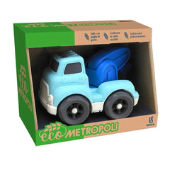 Sustainable wheat straw toy truck and tractor in a green cardboard box with "eco" label, promoting eco-friendly play.