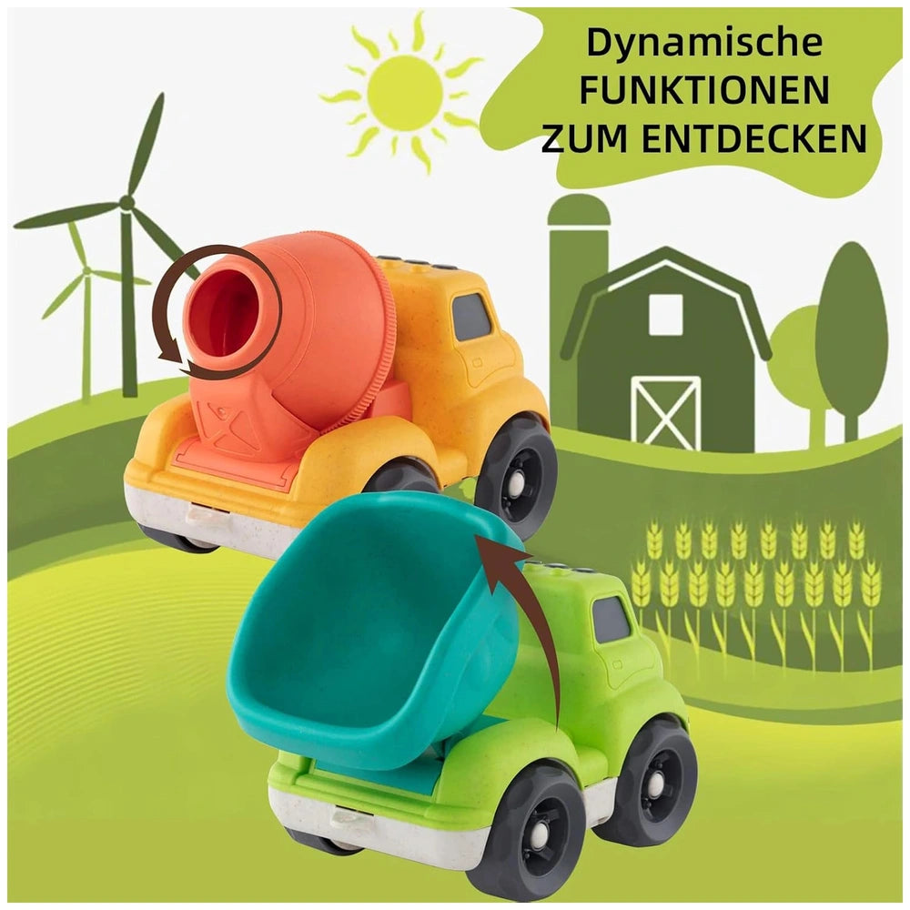 EcoMetropoli sustainable toy vehicles in orange and yellow on a green grass-like surface, with a wind turbine and barn in the