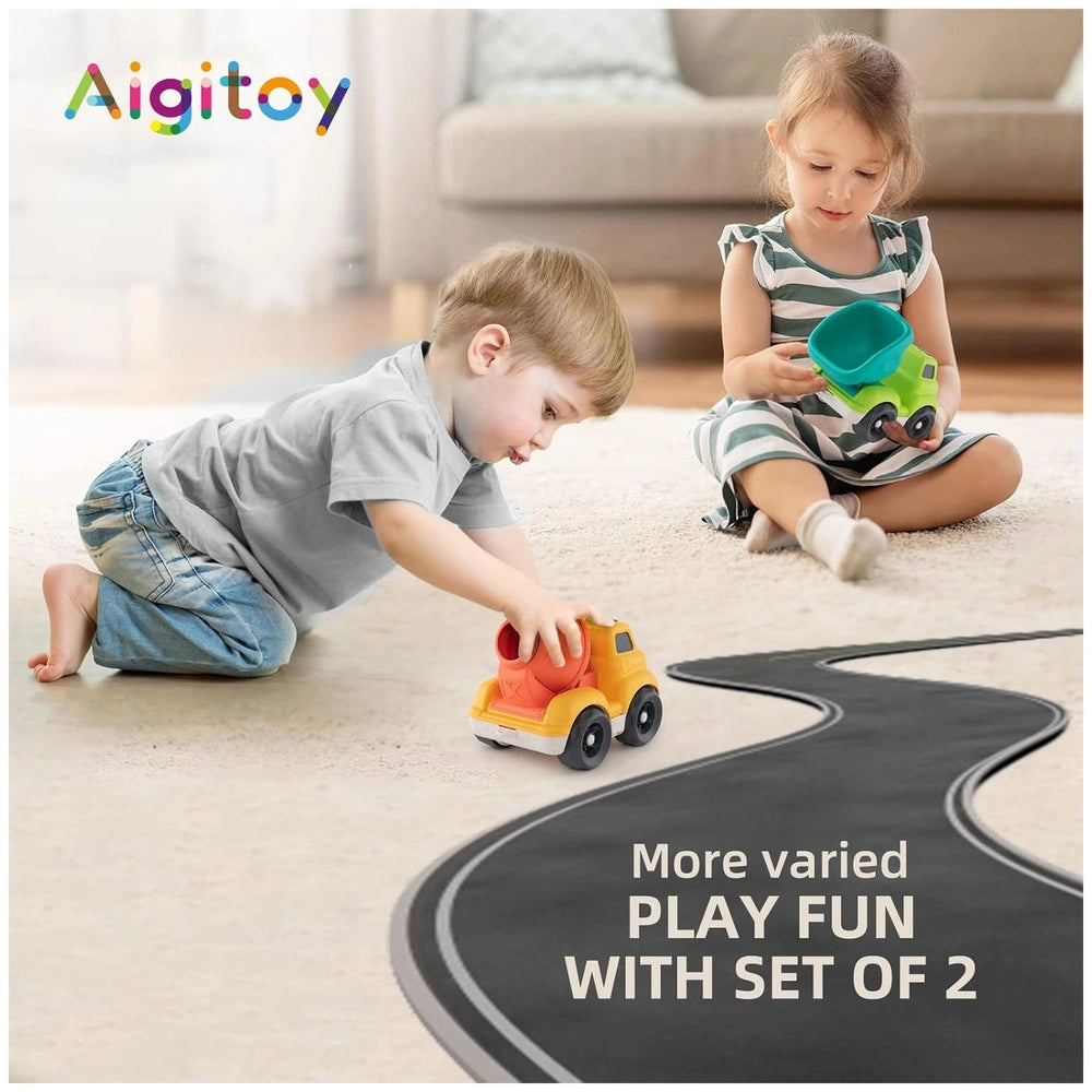 EcoMetropoli sustainable toy car in bright orange is played with by two children on a light carpeted floor.