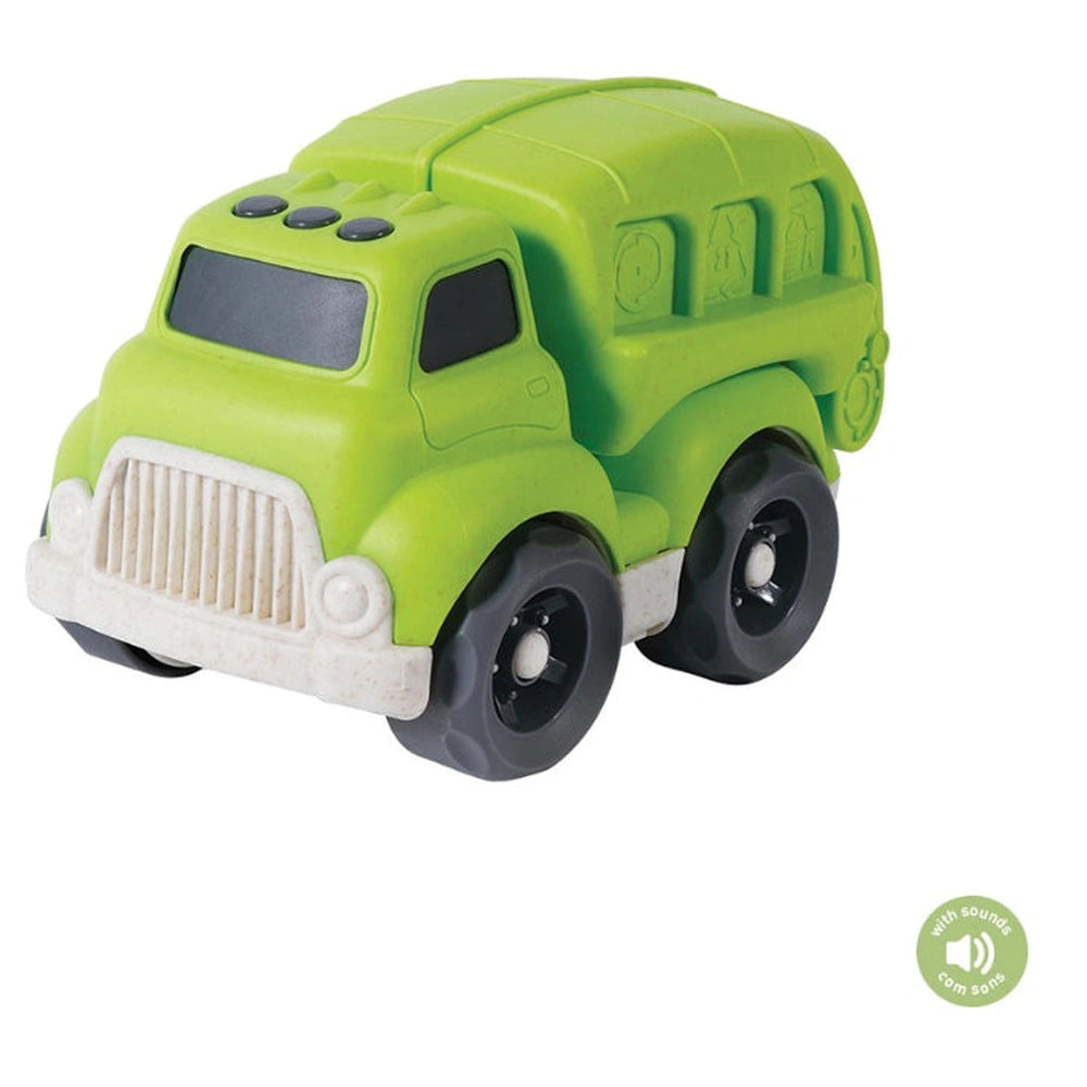 EcoMetropoli sustainable toy truck in green with black accents, featuring a simplistic design and matte finish on a white bac